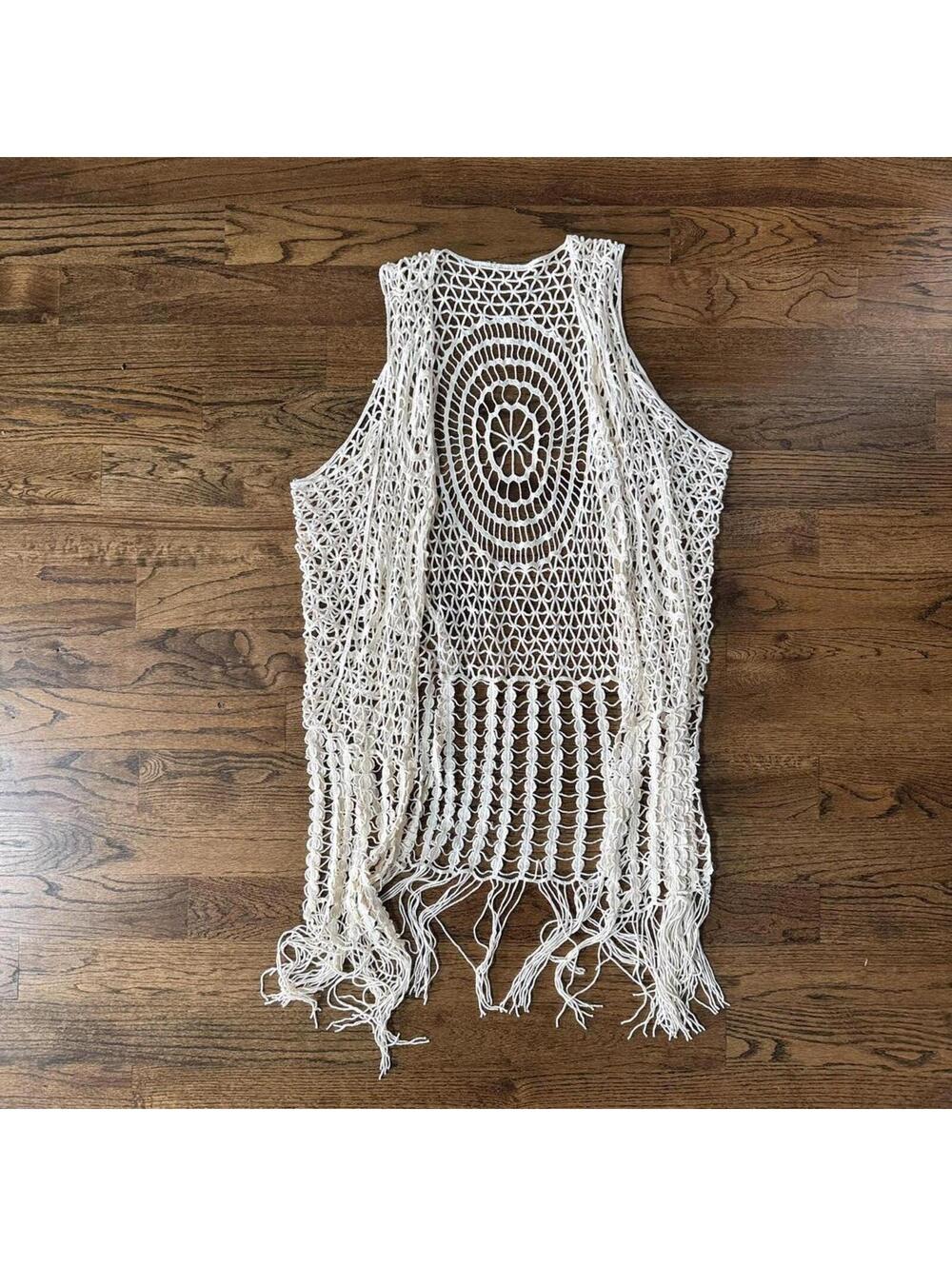 π§Ώ Vintage 70s Crochet Dreamcatcher Festival Duster Vest β Cream Fringe β OS - Picture 2 of 4